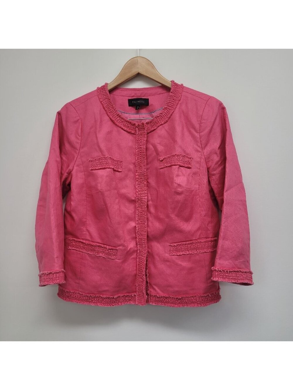 Talbots Linen Blend Button Up Blazer Jacket Size 10 Smocked Raw Edge Office